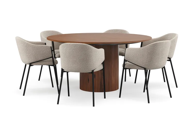 Kopparbo Rundt Spisebord 150 cm med 6 Filip Spisestole, Valnød / Taupe Bouclé