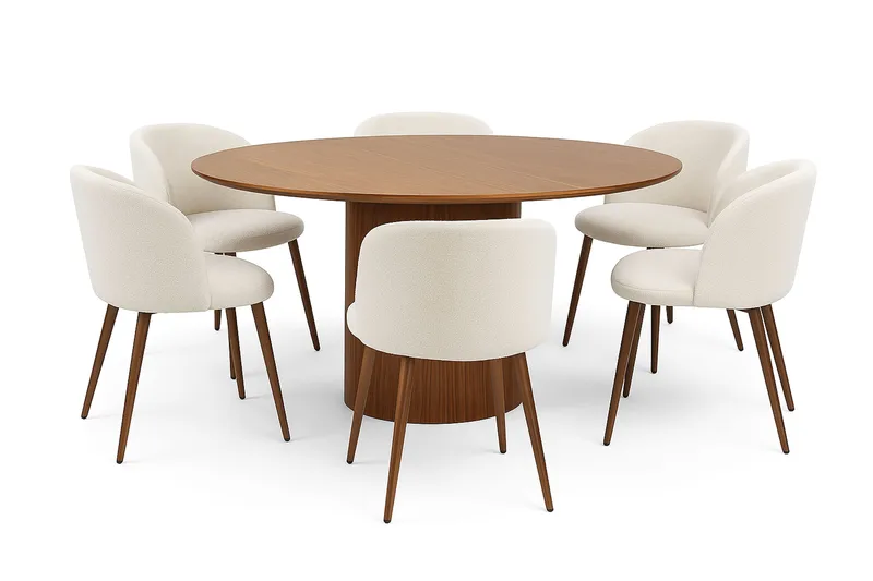 Kopparbo Rundt Spisebord 150 cm med 6 Greya Spisestole med armlæn, Valnød / Hvid Bouclé / Metalben Valnød