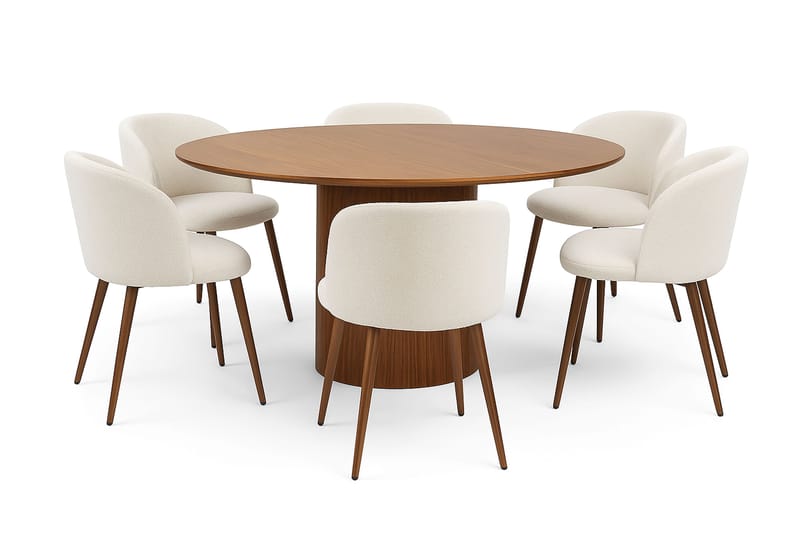 Kopparbo Rundt Spisebord 150 cm med 6 Greya Spisestole med armlæn, Valnød / Hvid Bouclé / Metalben Valnød