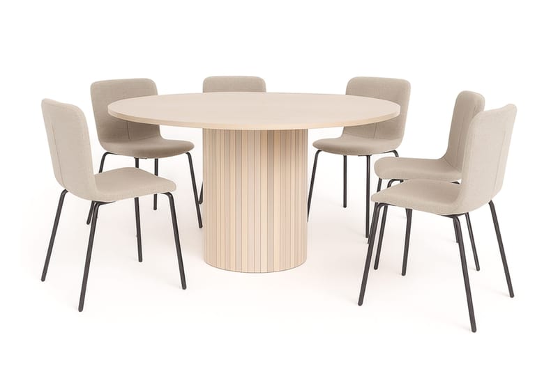 Kopparbo Rundt Spisebord 150 cm med 6 Katy Spisestole, Hvid / Greige Bouclé / Metalben Sort