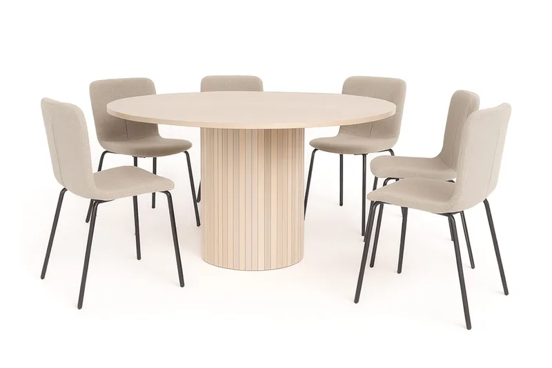 Kopparbo Rundt Spisebord 150 cm med 6 Katy Spisestole, Hvid / Greige Bouclé / Metalben Sort