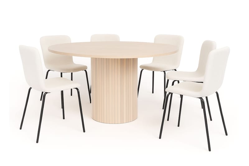 Kopparbo Rundt Spisebord 150 cm med 6 Katy Spisestole, Hvid / Hvid Bouclé / Metalben Sort
