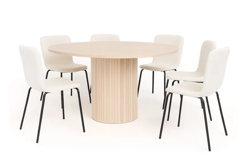 Kopparbo Rundt Spisebord 150 cm med 6 Katy Spisestole, Hvid / Hvid Bouclé / Metalben Sort