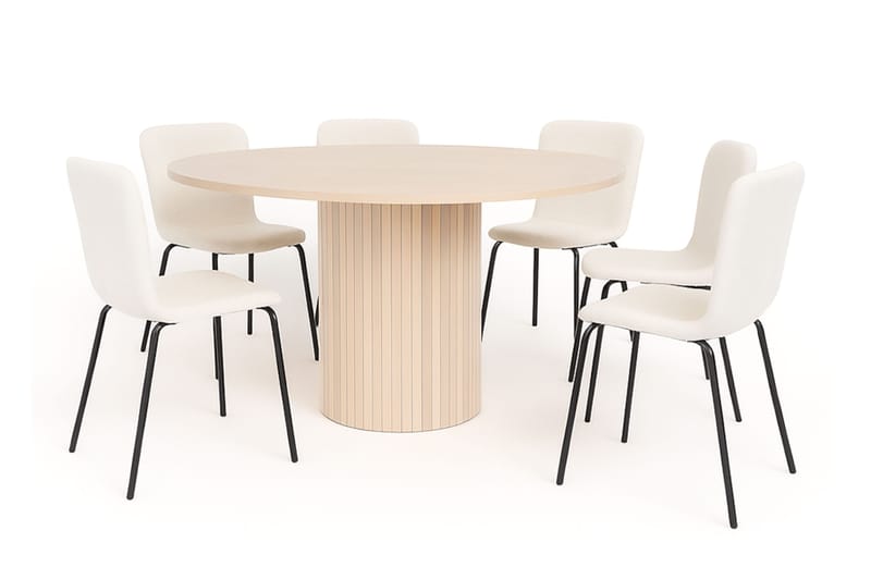 Kopparbo Rundt Spisebord 150 cm med 6 Katy Spisestole, Hvid / Hvid Bouclé / Metalben Sort