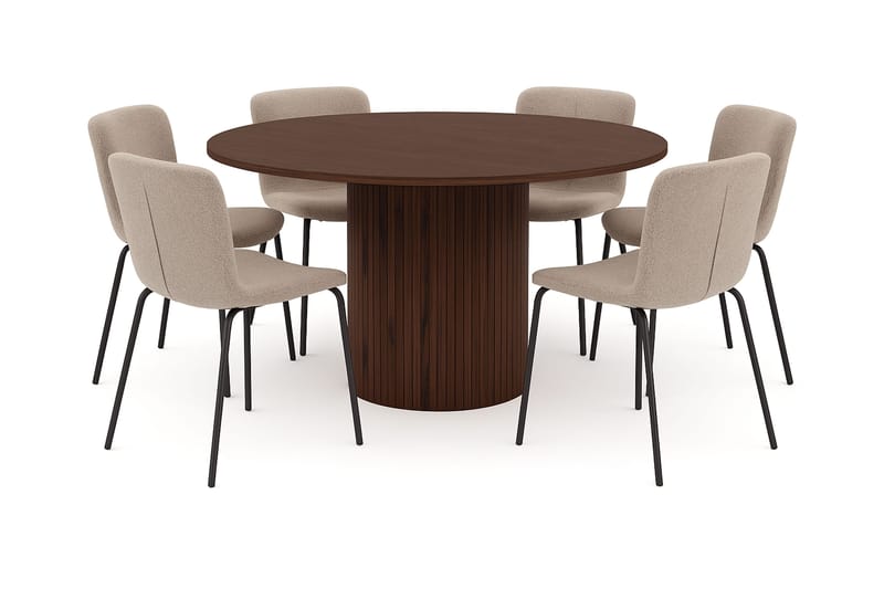 Kopparbo Rundt Spisebord 150 cm med 6 Katy Spisestole, Valnød / Greige Bouclé / Metalben Sort