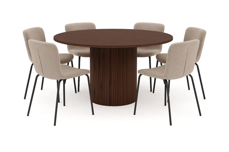 Kopparbo Rundt Spisebord 150 cm med 6 Katy Spisestole, Valnød / Greige Bouclé / Metalben Sort