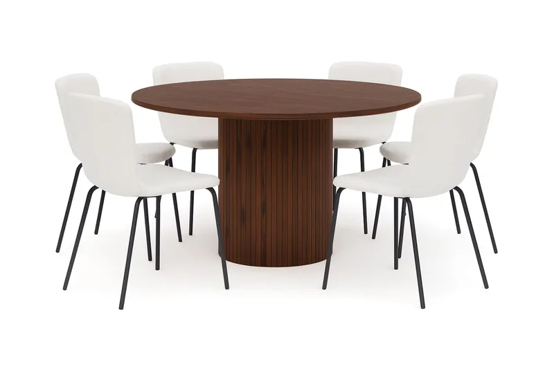 Kopparbo Rundt Spisebord 150 cm med 6 Katy Spisestole, Valnød / Hvid Bouclé / Metalben Sort
