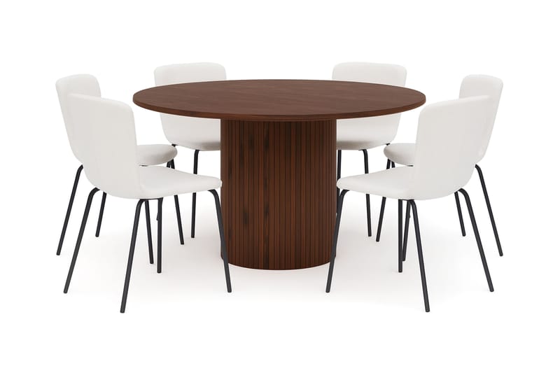 Kopparbo Rundt Spisebord 150 cm med 6 Katy Spisestole, Valnød / Hvid Bouclé / Metalben Sort
