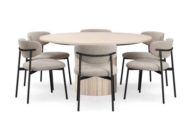Kopparbo Rundt Spisebord 150 cm med 6 Lucy Spisestole, Hvid / Greige Bouclé / Metalben Sort