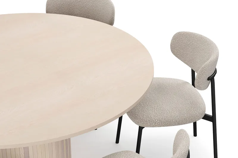 Kopparbo Rundt Spisebord 150 cm med 6 Lucy Spisestole - Hvid / Greige Bouclé / Metalben Sort - Møbler - Borde - Spisebordssæt