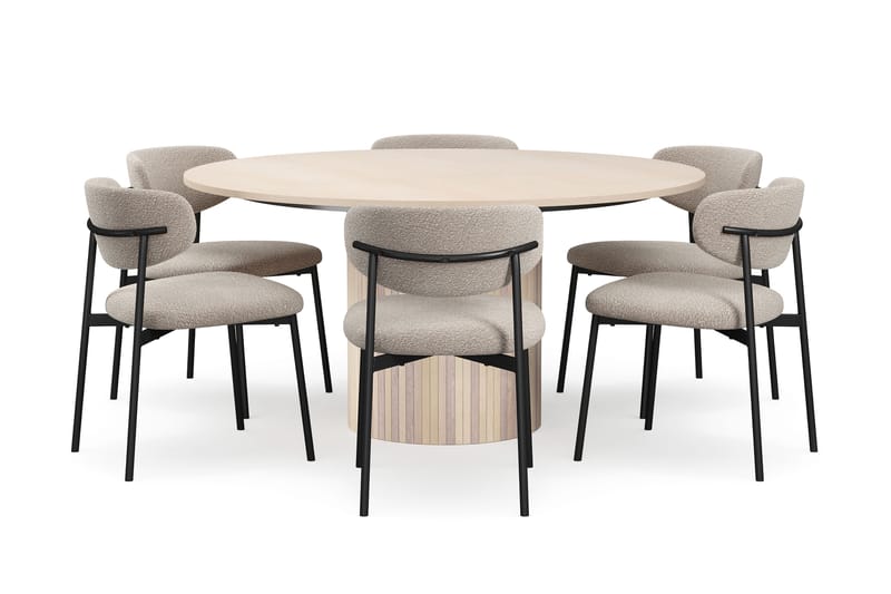 Kopparbo Rundt Spisebord 150 cm med 6 Lucy Spisestole, Hvid / Greige Bouclé / Metalben Sort