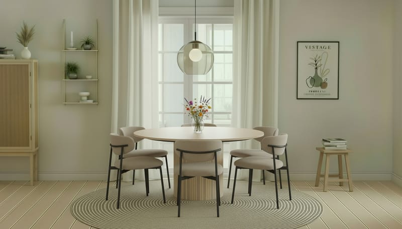 Kopparbo Rundt Spisebord 150 cm med 6 Lucy Spisestole - Hvid / Greige Bouclé / Metalben Sort - Møbler - Borde - Spisebordssæt