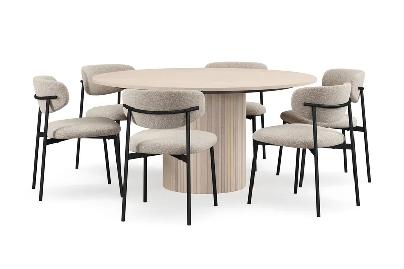 Kopparbo Rundt Spisebord 150 cm med 6 Lucy Spisestole - Hvid / Greige Bouclé / Metalben Sort - Møbler - Borde - Spisebordssæt