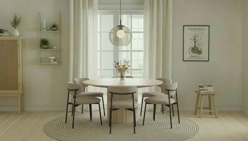 Kopparbo Rundt Spisebord 150 cm med 6 Lucy Spisestole - Hvid / Greige Bouclé / Metalben Sort - Møbler - Borde - Spisebordssæt