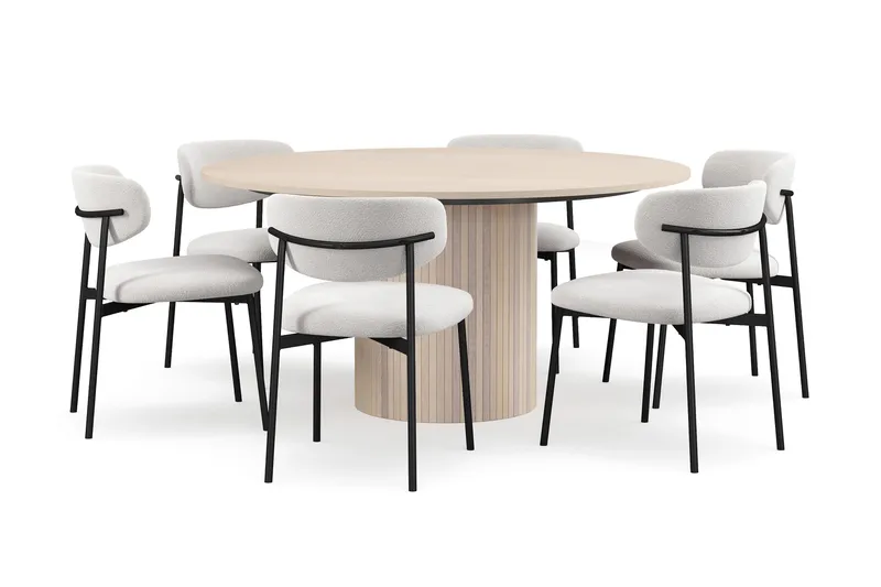 Kopparbo Rundt Spisebord 150 cm med 6 Lucy Spisestole - Hvid / Hvid Bouclé / Metalben Sort - Møbler - Borde - Spisebordssæt