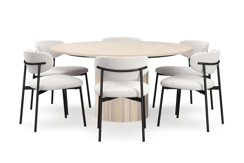 Kopparbo Rundt Spisebord 150 cm med 6 Lucy Spisestole, Hvid / Hvid Bouclé / Metalben Sort