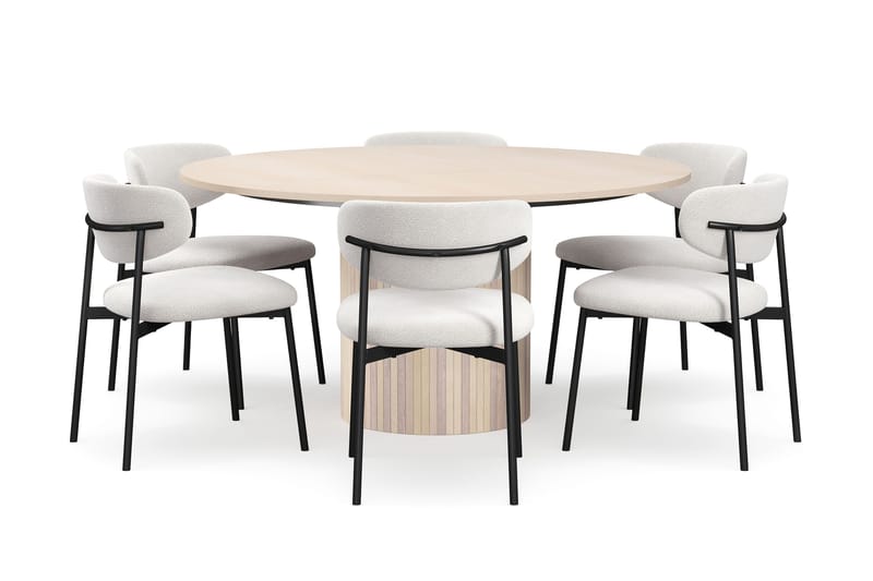 Kopparbo Rundt Spisebord 150 cm med 6 Lucy Spisestole, Hvid / Hvid Bouclé / Metalben Sort