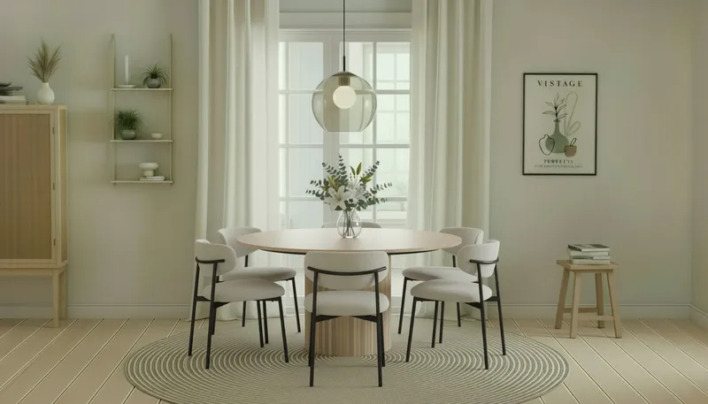 Kopparbo Rundt Spisebord 150 cm med 6 Lucy Spisestole - Hvid / Hvid Bouclé / Metalben Sort - Møbler - Borde - Spisebordssæt