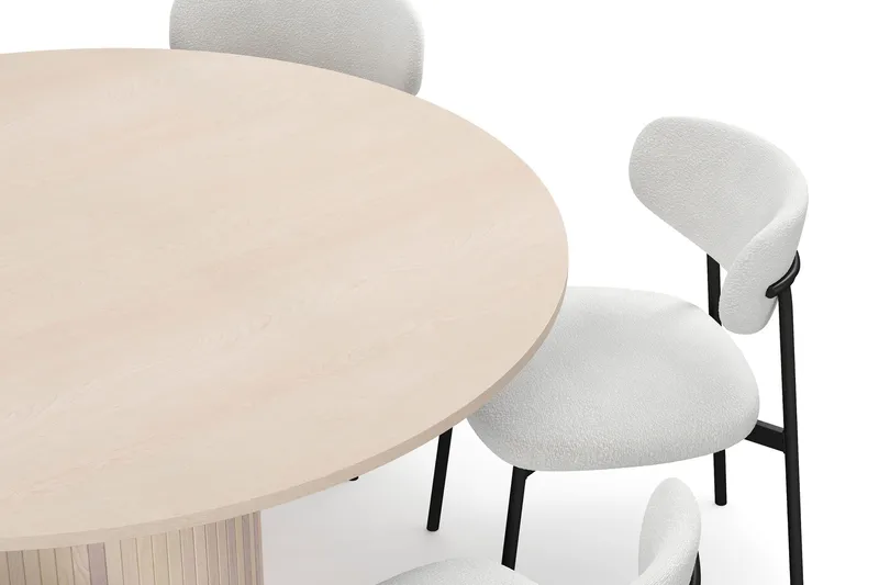 Kopparbo Rundt Spisebord 150 cm med 6 Lucy Spisestole - Hvid / Hvid Bouclé / Metalben Sort - Møbler - Borde - Spisebordssæt