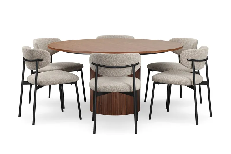 Kopparbo Rundt Spisebord 150 cm med 6 Lucy Spisestole, Valnød / Greige Bouclé / Metalben Sort