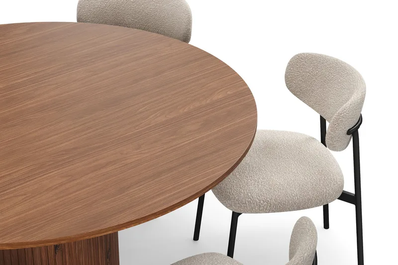 Kopparbo Rundt Spisebord 150 cm med 6 Lucy Spisestole - Valnød / Greige Bouclé / Metalben Sort - Møbler - Borde - Spisebordssæt