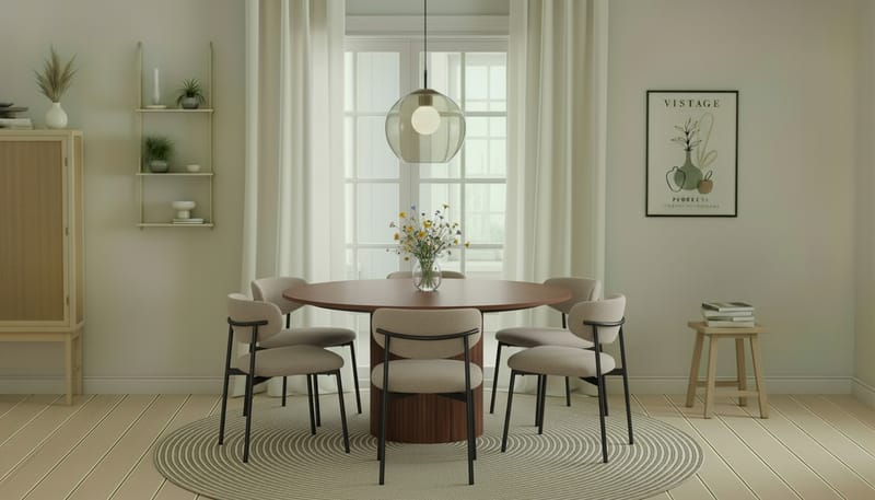 Kopparbo Rundt Spisebord 150 cm med 6 Lucy Spisestole - Valnød / Greige Bouclé / Metalben Sort - Møbler - Borde - Spisebordssæt