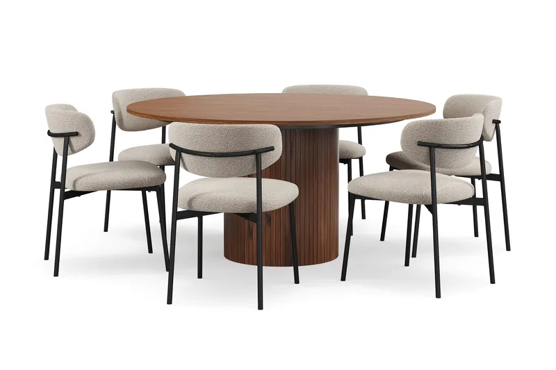 Kopparbo Rundt Spisebord 150 cm med 6 Lucy Spisestole - Valnød / Greige Bouclé / Metalben Sort - Møbler - Borde - Spisebordssæt