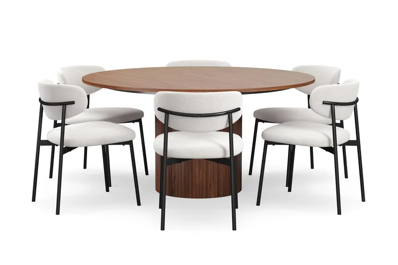 Kopparbo Rundt Spisebord 150 cm med 6 Lucy Spisestole, Valnød / Hvid Bouclé / Metalben Sort