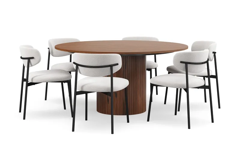 Kopparbo Rundt Spisebord 150 cm med 6 Lucy Spisestole - Valnød / Hvid Bouclé / Metalben Sort - Møbler - Borde - Spisebordssæt