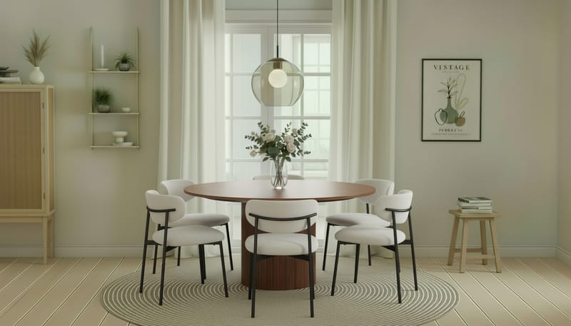 Kopparbo Rundt Spisebord 150 cm med 6 Lucy Spisestole - Valnød / Hvid Bouclé / Metalben Sort - Møbler - Borde - Spisebordssæt