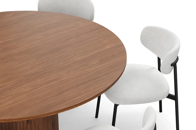 Kopparbo Rundt Spisebord 150 cm med 6 Lucy Spisestole - Valnød / Hvid Bouclé / Metalben Sort - Møbler - Borde - Spisebordssæt