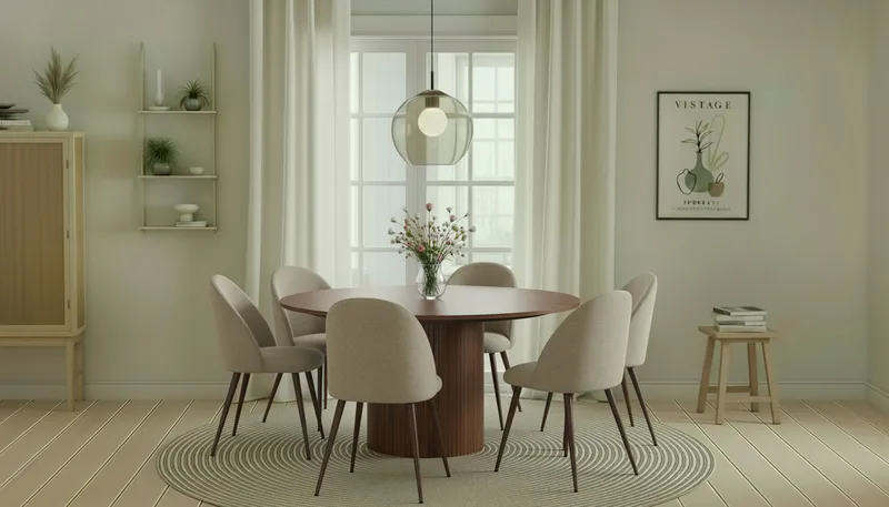 Kopparbo Rundt Spisebord 150 cm med 6 Nibe Plus Spisestole - Valnød / Greige Bouclé / Metalben Valnød - Møbler - Borde - Spisebordssæt