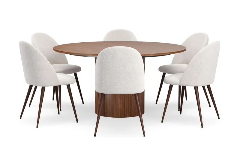 Kopparbo Rundt Spisebord 150 cm med 6 Nibe Plus Spisestole - Valnød / Hvid Bouclé / Metalben Valnød - Møbler - Borde - Spisebordssæt