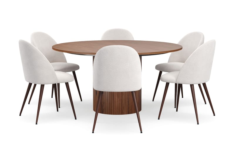 Kopparbo Rundt Spisebord 150 cm med 6 Nibe Plus Spisestole - Valnød / Hvid Bouclé / Metalben Valnød - Møbler - Borde - Spisebordssæt