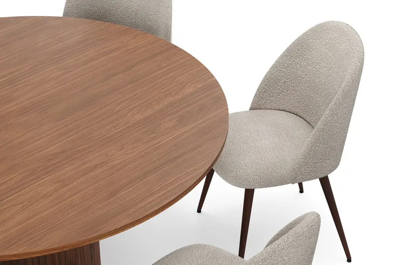 Kopparbo Rundt Spisebord 150 cm med 6 Nibe Plus Spisestole - Valnød / Greige Bouclé / Metalben Valnød - Møbler - Borde - Spisebordssæt