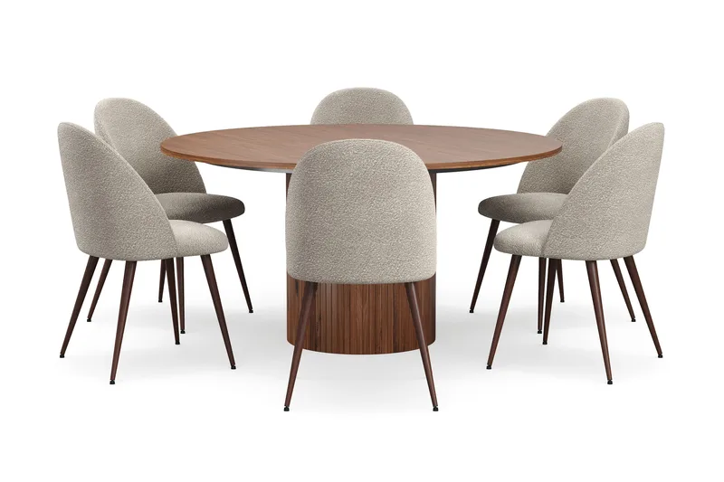 Kopparbo Rundt Spisebord 150 cm med 6 Nibe Plus Spisestole - Valnød / Greige Bouclé / Metalben Valnød - Møbler - Borde - Spisebordssæt