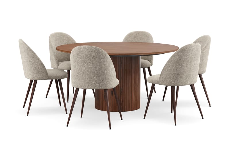 Kopparbo Rundt Spisebord 150 cm med 6 Nibe Plus Spisestole, Valnød / Greige Bouclé / Metalben Valnød