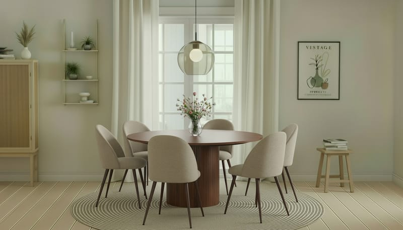 Kopparbo Rundt Spisebord 150 cm med 6 Nibe Plus Spisestole - Valnød / Greige Bouclé / Metalben Valnød - Møbler - Borde - Spisebordssæt