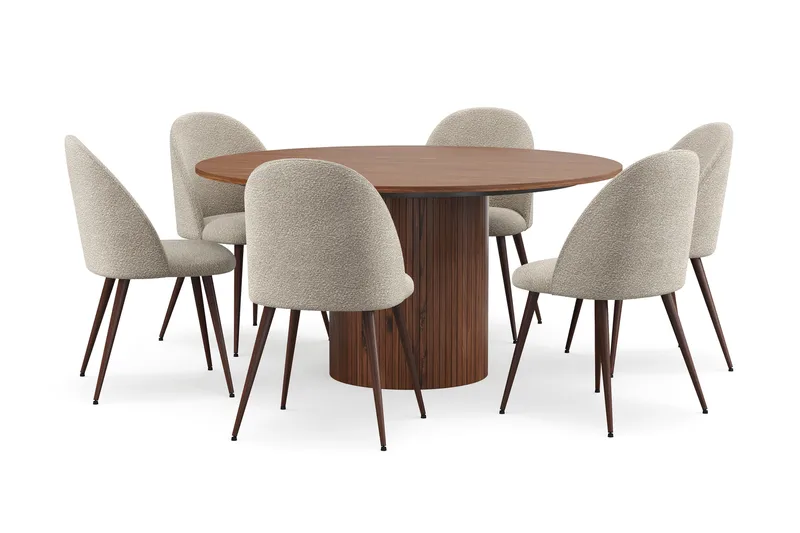 Kopparbo Rundt Spisebord 150 cm med 6 Nibe Plus Spisestole, Valnød / Greige Bouclé / Metalben Valnød
