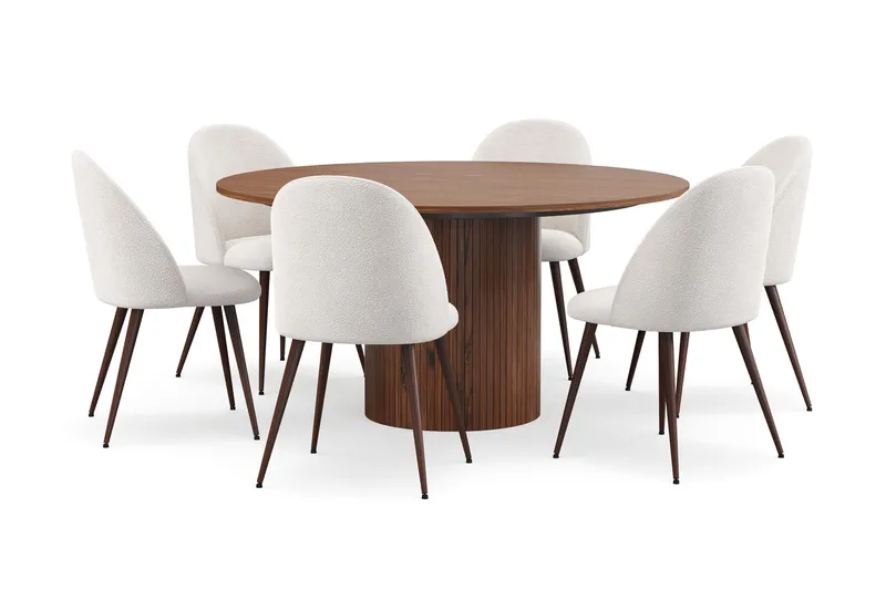 Kopparbo Rundt Spisebord 150 cm med 6 Nibe Plus Spisestole, Valnød / Hvid Bouclé / Metalben Valnød