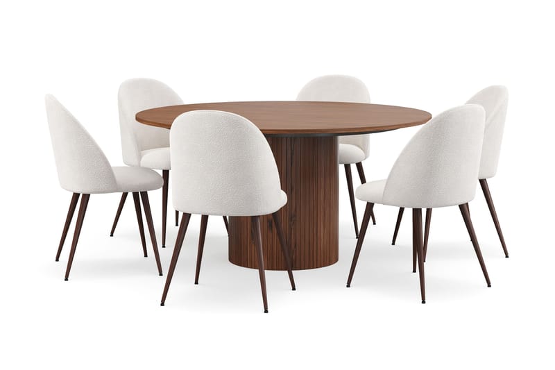Kopparbo Rundt Spisebord 150 cm med 6 Nibe Plus Spisestole, Valnød / Hvid Bouclé / Metalben Valnød