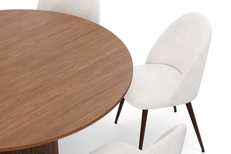 Kopparbo Rundt Spisebord 150 cm med 6 Nibe Plus Spisestole - Valnød / Hvid Bouclé / Metalben Valnød - Møbler - Borde - Spisebordssæt
