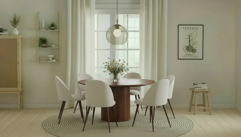 Kopparbo Rundt Spisebord 150 cm med 6 Nibe Plus Spisestole - Valnød / Hvid Bouclé / Metalben Valnød - Møbler - Borde - Spisebordssæt