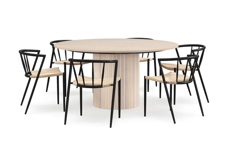 Kopparbo Rundt Spisebord 150 cm med 6 Winston Spisestole, Hvid / Beige / Metalben Sort