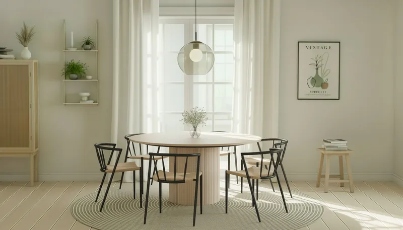 Kopparbo Rundt Spisebord 150 cm med 6 Winston Spisestole - Hvid / Beige / Metalben Sort - Møbler - Borde - Spisebordssæt