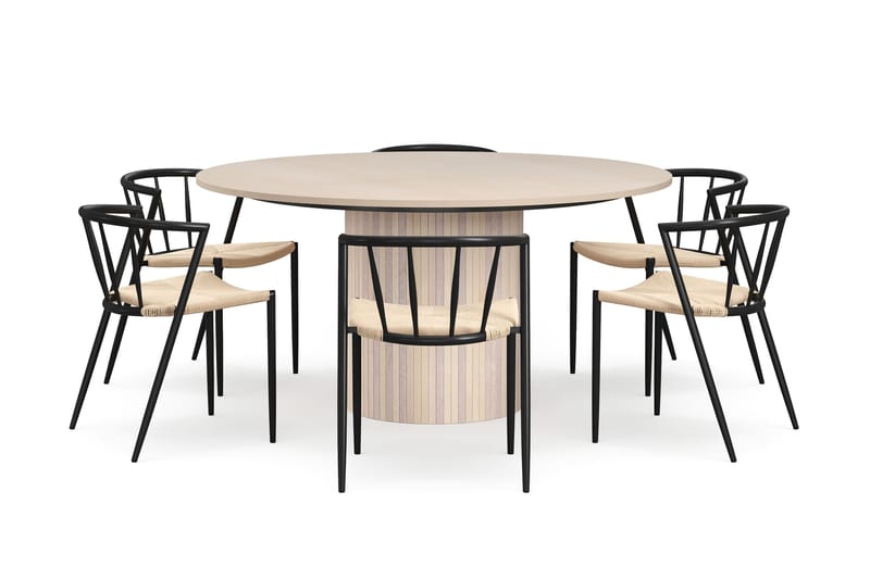 Kopparbo Rundt Spisebord 150 cm med 6 Winston Spisestole - Hvid / Beige / Metalben Sort - Møbler - Borde - Spisebordssæt