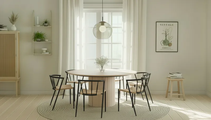 Kopparbo Rundt Spisebord 150 cm med 6 Winston Spisestole - Hvid / Beige / Metalben Sort - Møbler - Borde - Spisebordssæt