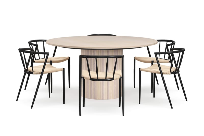 Kopparbo Rundt Spisebord 150 cm med 6 Winston Spisestole - Hvid / Beige / Metalben Sort - Møbler - Borde - Spisebordssæt