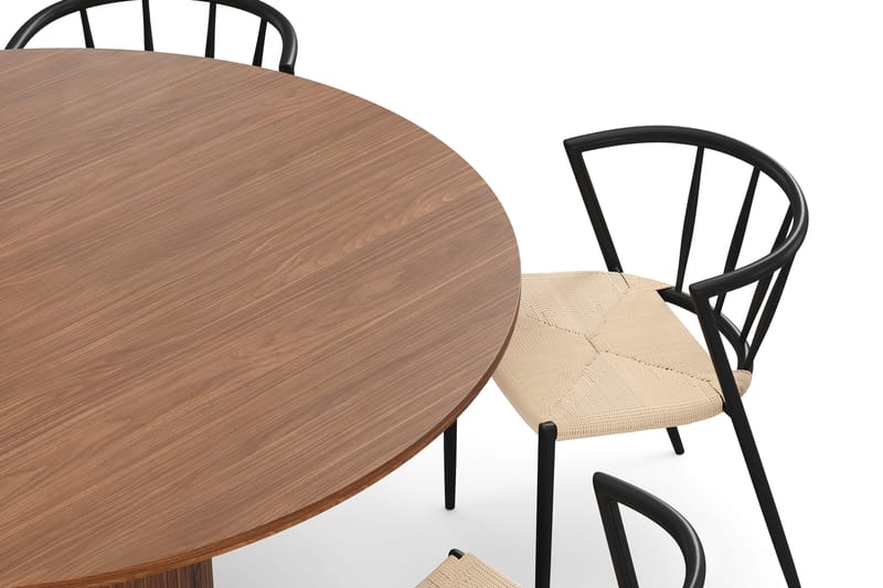 Kopparbo Rundt Spisebord 150 cm med 6 Winston Spisestole - Valnød / Beige / Metalben Sort - Møbler - Borde - Spisebordssæt