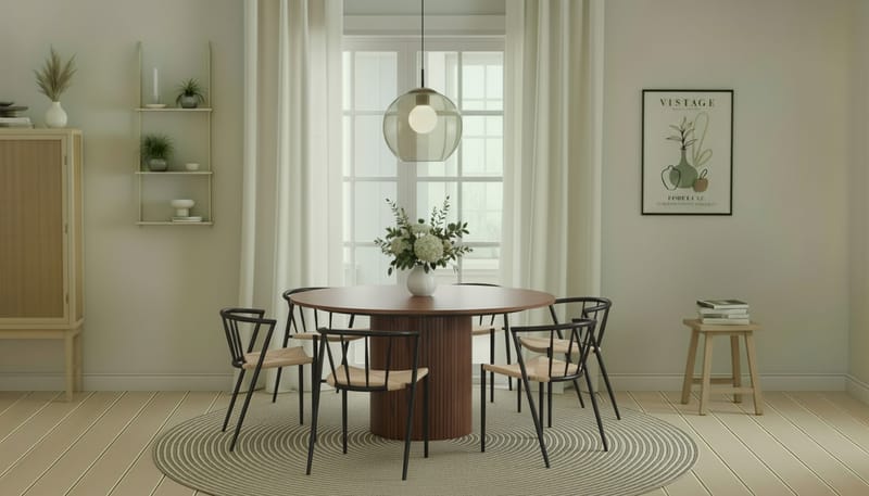 Kopparbo Rundt Spisebord 150 cm med 6 Winston Spisestole - Valnød / Beige / Metalben Sort - Møbler - Borde - Spisebordssæt